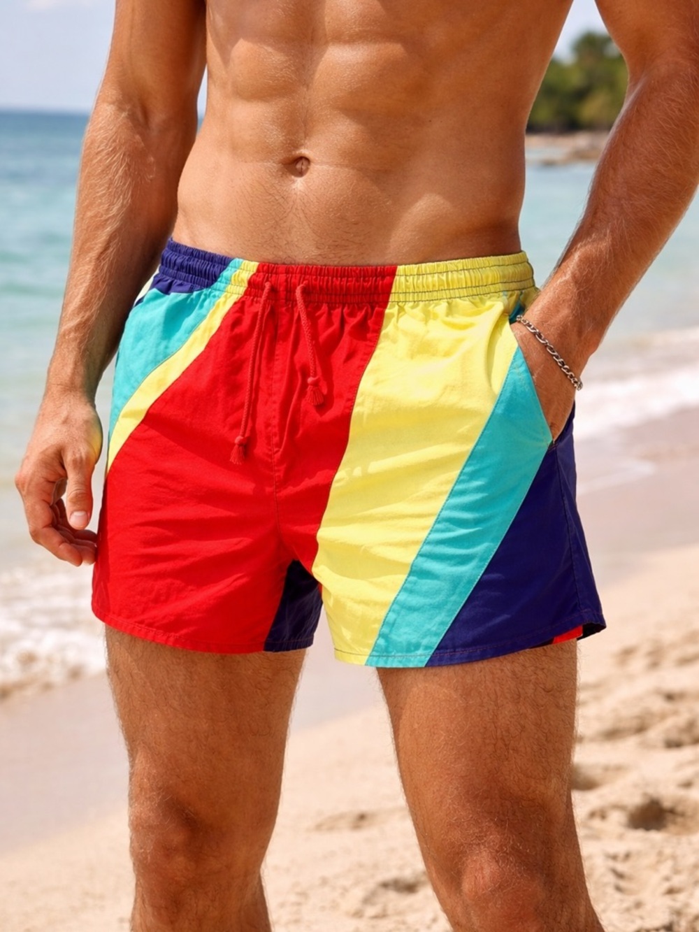 Vintage 90s White Reef Colorblock Swim Trunks // Retro Surf Board Shorts M